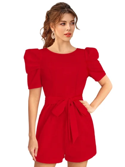 Women's Knitting stretchable Solid Round Neck 3-4 Puff Sleeve Dress (Red )