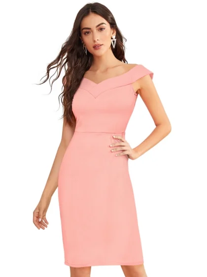 Women's Knitting stretchable Solid Round Neck Sleeveless Dress (Peach)