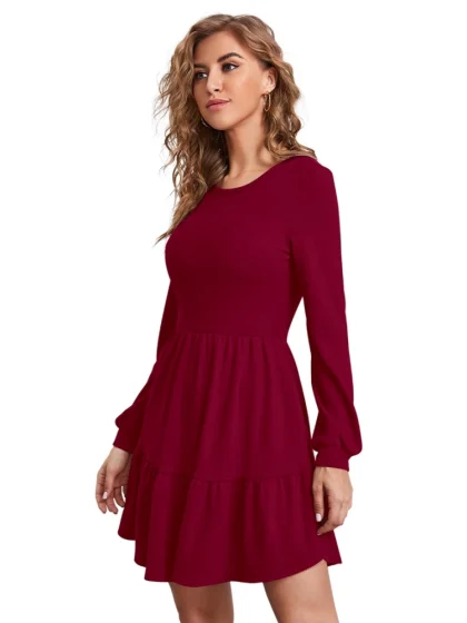 Women's Knitting stretchable Solid Round Neck Full Sleeve Dress (Maroon)