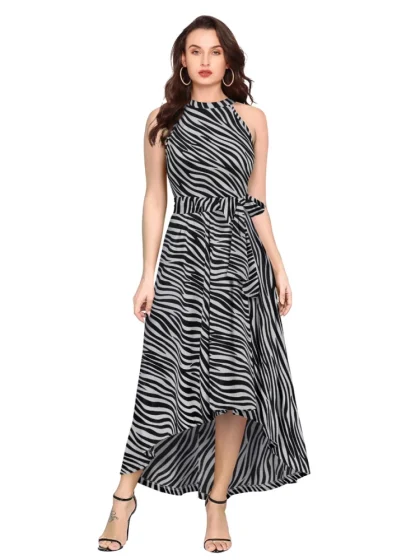 Women's Polyester Zebra Pattern Halter Neck Sleeveless Dress (Navy Blue)