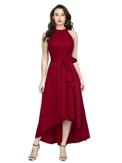 Women's Polyster Solid Halter Neck Sleeveless Dress (Maroon)