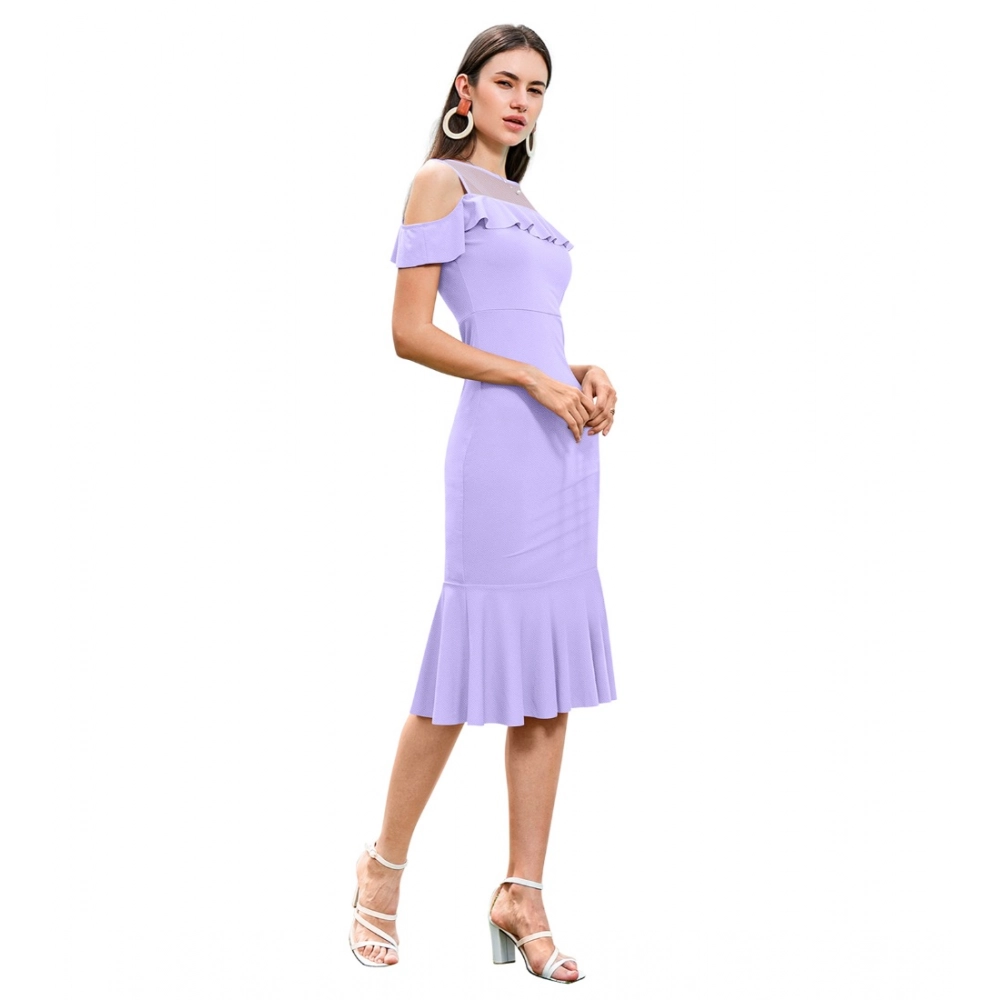 Women's Knitting stretchable Solid Round Neck Sleeveless Dress (Purple) - Image 3