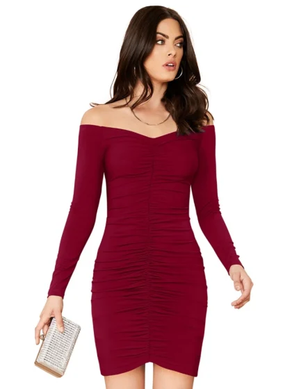 Women's Knitting stretchable Solid V Neck Full Sleeve Dress (Maroon)