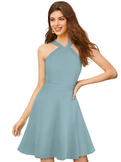 Women's Knitting stretchable Solid Halter Neck Sleeveless Dress (Pista )