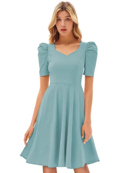 Women's Knitting stretchable Solid V Neck Cap Sleeve Dress (Pista)