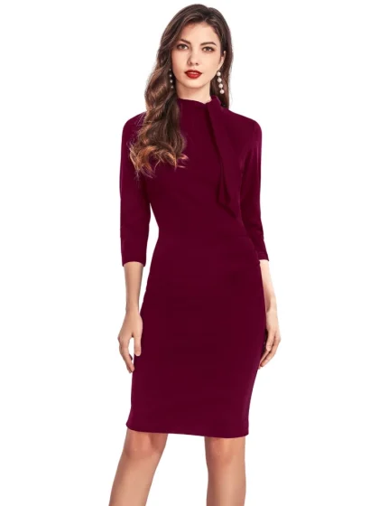 Women's Knitting stretchable Solid Round Neck 3-4th Dress (Maroon)