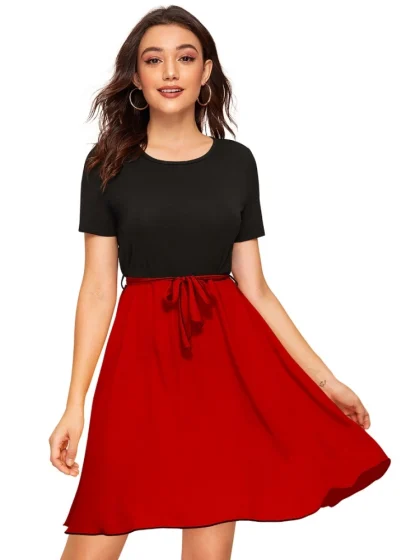 Women's Knitting stretchable Solid Round Neck Cap Sleeve Dress (Red)