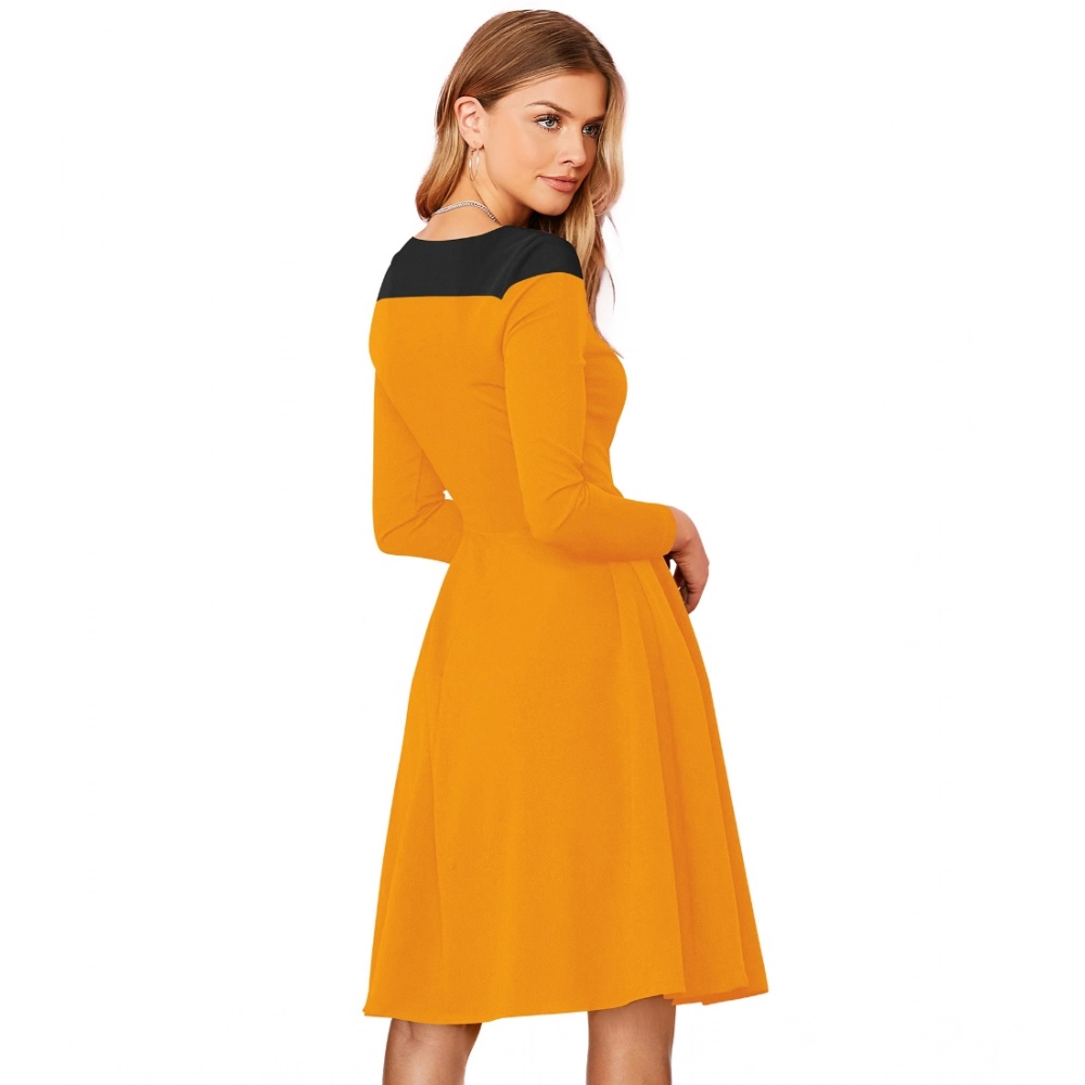 Women's Knitting stretchable Solid Round Neck Full Sleeve Dress (Yellow) - Image 2