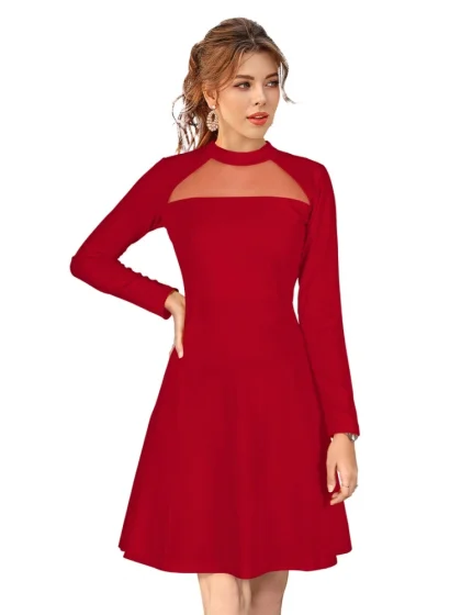 Women's Knitting stretchable Solid Round Neck Full Sleeve Dress (Red)