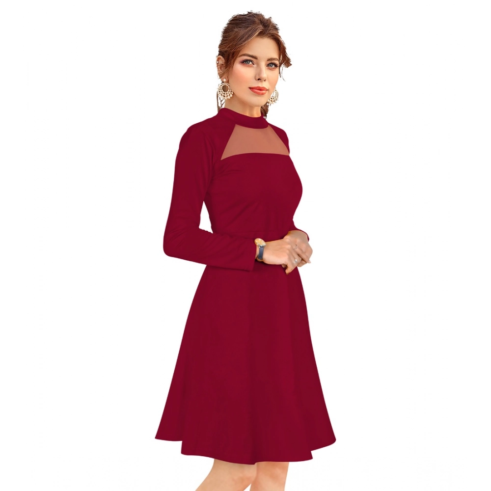 Women's Knitting stretchable Solid Round Neck Full Sleeve Dress (Maroon) - Image 3