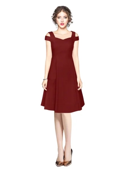 Women's Polyester Solid V Neck Cap Sleeve off Shoulder Dress (Maroon)