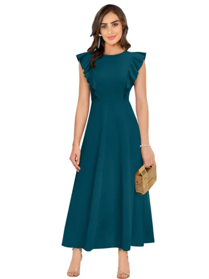 Women's Knitting stretchable Solid Round Neck Ruffled Sleeve Dress (Morpich)