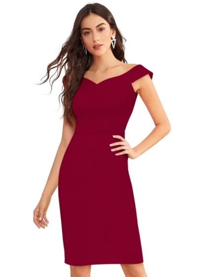 Women's Knitting stretchable Solid Round Neck Sleeveless Dress (Maroon)