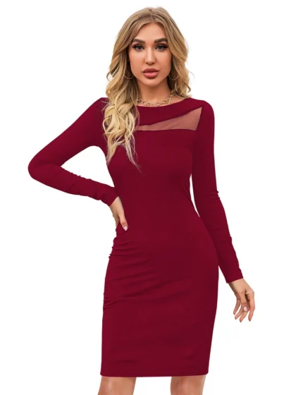 Women's Knitting stretchable Solid Round Neck Full Sleeve Dress (Maroon)