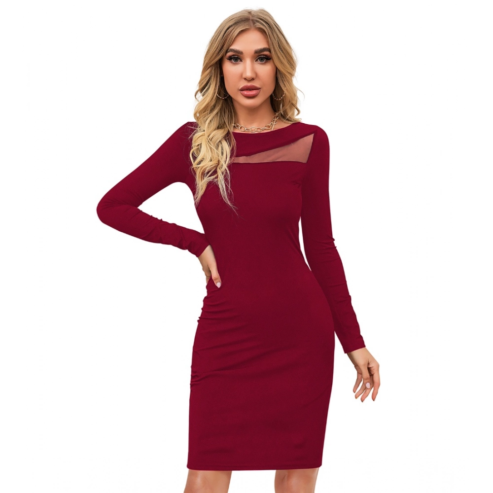Women's Knitting stretchable Solid Round Neck Full Sleeve Dress (Maroon)