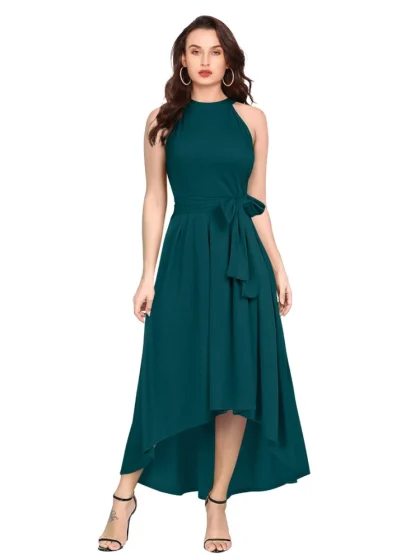 Women's Polyster Solid Halter Neck Sleeveless Dress (Morpichh)