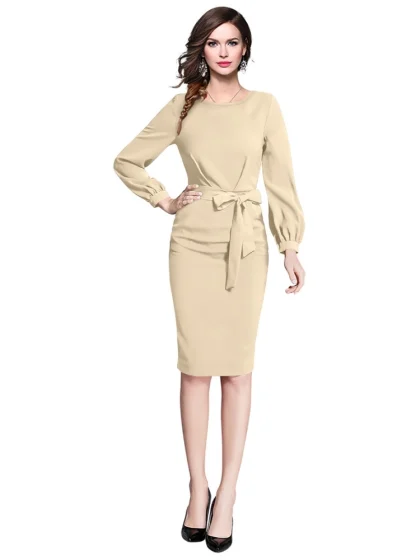 Women's Knitting stretchable Solid Round Neck Full Sleeve Dress (Beige )