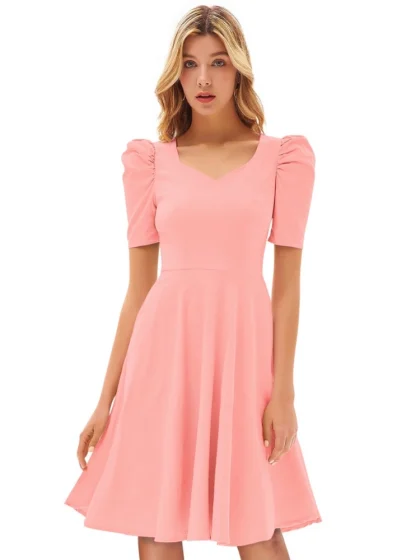 Women's Knitting stretchable Solid V Neck Cap Sleeve Dress (Peach)