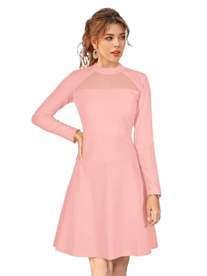 Women's Knitting stretchable Solid Round Neck Full Sleeve Dress (Peach)