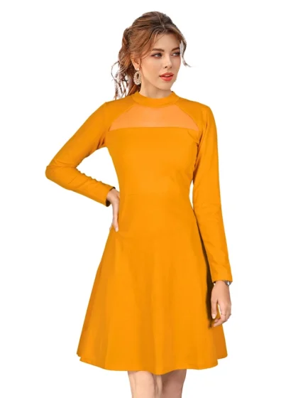 Women's Knitting stretchable Solid Round Neck Full Sleeve Dress (Yellow)