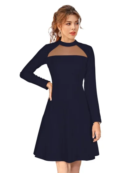 Women's Knitting stretchable Solid Round Neck Full Sleeve Dress (Blue)