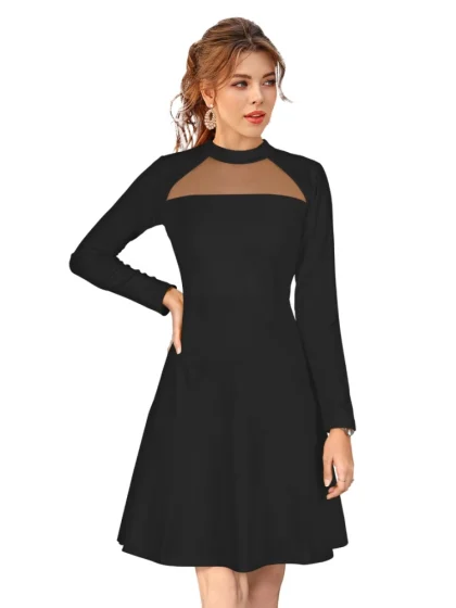Women's Knitting stretchable Solid Round Neck Full Sleeve Dress (Black)