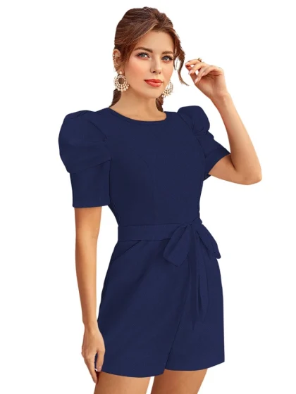 Women's Knitting stretchable Solid Round Neck 3-4 Puff Sleeve Dress (Blue)