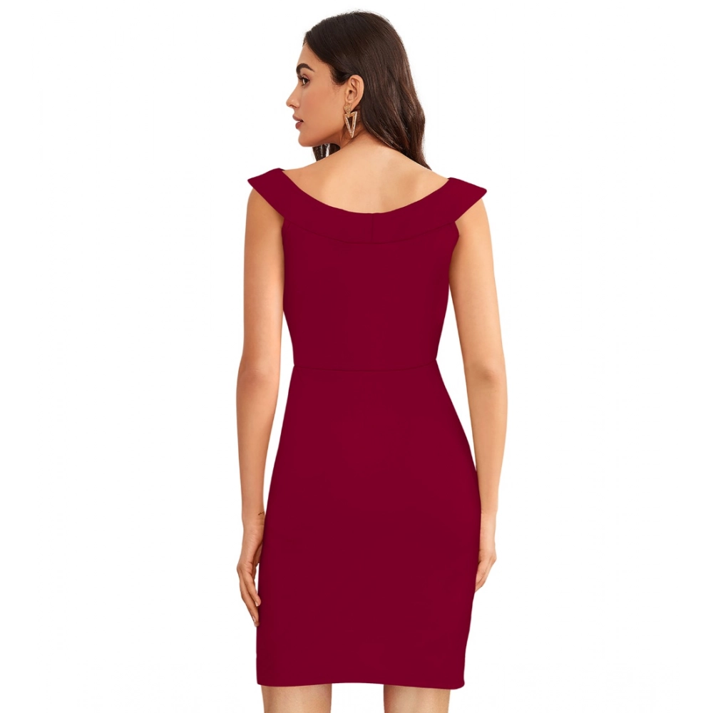 Women's Knitting stretchable Solid Round Neck Sleeveless Dress (Maroon) - Image 2