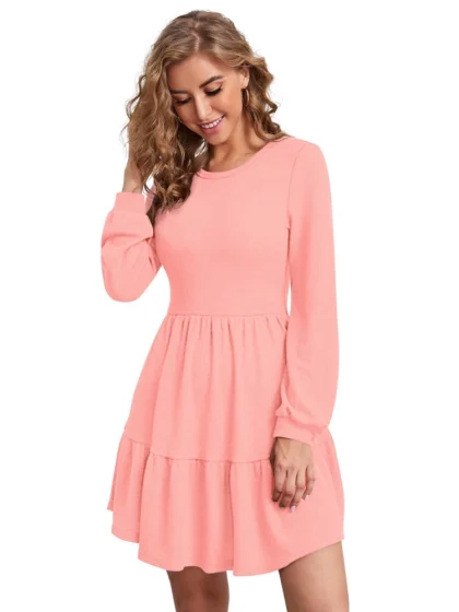 Women's Knitting stretchable Solid Round Neck Full Sleeve Dress (Peach)