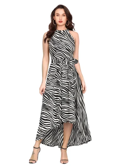 Women's Polyester Zebra Pattern Halter Neck Sleeveless Dress (White)