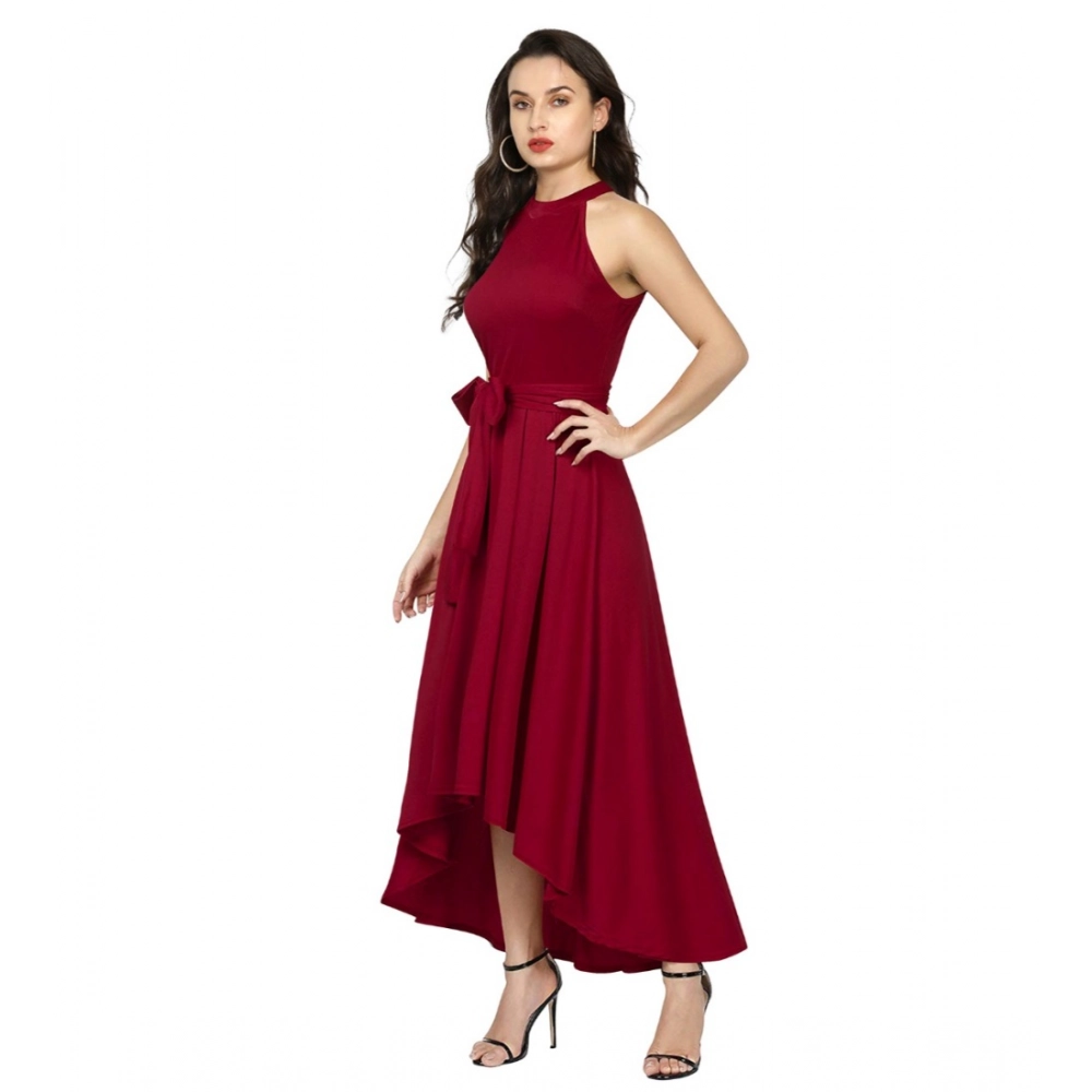 Women's Polyster Solid Halter Neck Sleeveless Dress (Maroon) - Image 3
