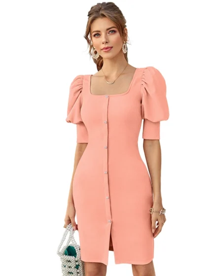 Women's Knitting stretchable Solid Square Neck 3-4 Puff Sleeve Dress (Peach)
