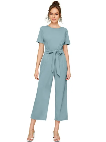 Women's Knitting stretchable Solid Round Neck Cap Sleeve Jumpsuit (Pista )