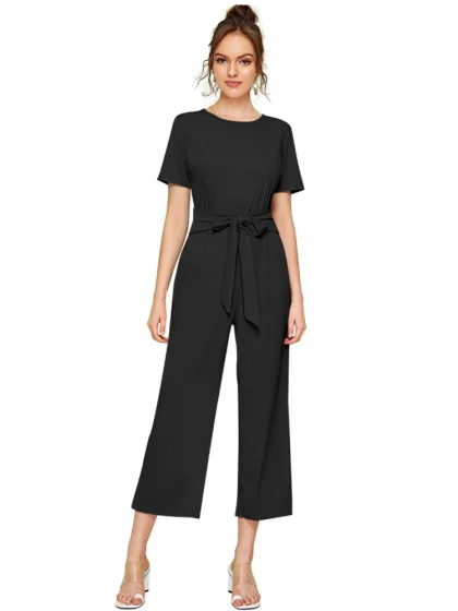 Women's Knitting stretchable Solid Round Neck Cap Sleeve Jumpsuit (Black)
