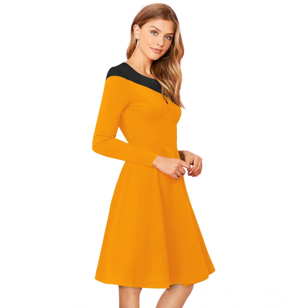 Women's Knitting stretchable Solid Round Neck Full Sleeve Dress (Yellow) - Image 3