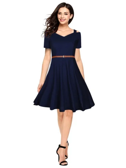 Women's Polyester Solid V Neck Cap Sleeve Dress (Blue)