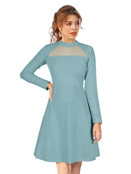 Women's Knitting stretchable Solid Round Neck Full Sleeve Dress (Pista)