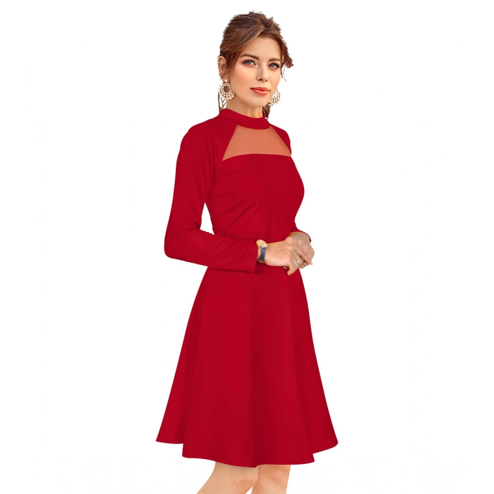 Women's Knitting stretchable Solid Round Neck Full Sleeve Dress (Red) - Image 3