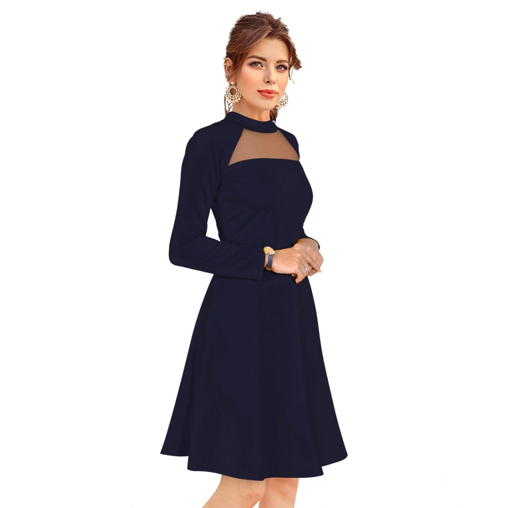 Women's Knitting stretchable Solid Round Neck Full Sleeve Dress (Blue) - Image 3