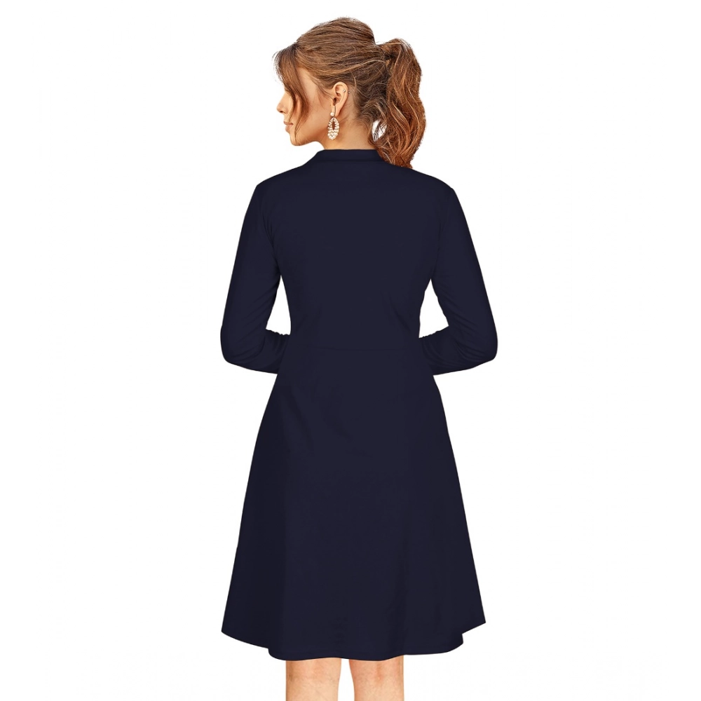 Women's Knitting stretchable Solid Round Neck Full Sleeve Dress (Blue) - Image 2