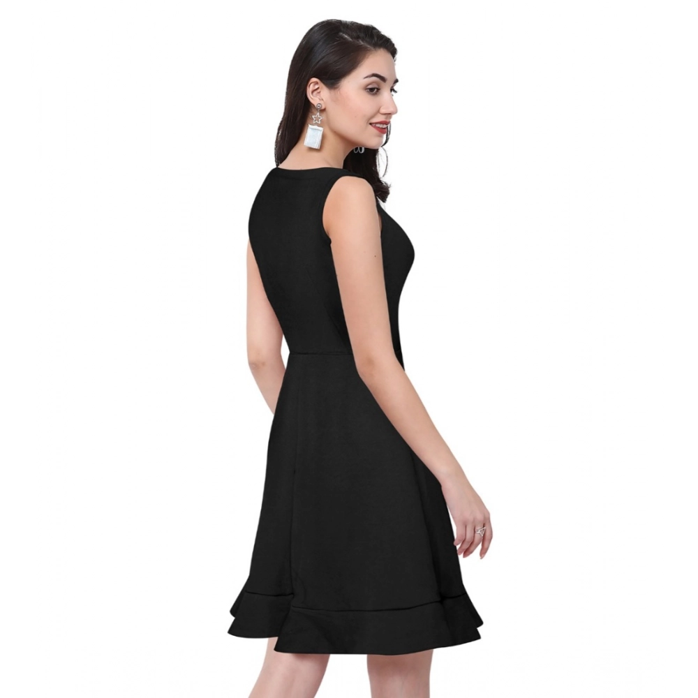 Women's Polyester Solid Round Neck Sleeveless Dress (Black) - Image 2