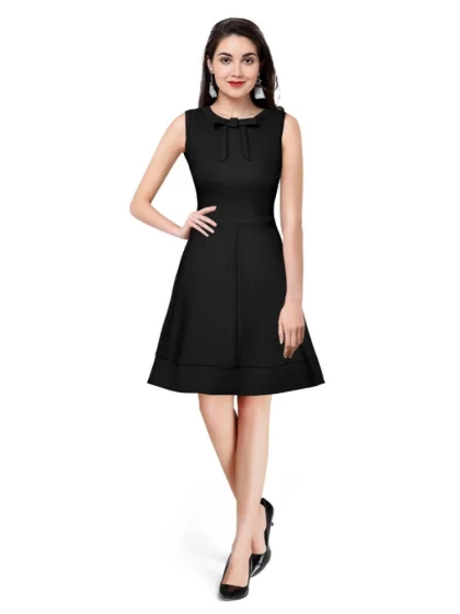 Women's Polyester Solid Round Neck Sleeveless Dress (Black)