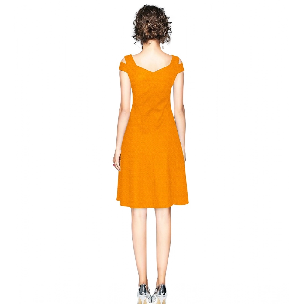 Women's Polyester Solid V Neck Cap Sleeve off Shoulder Dress (Yellow) - Image 2