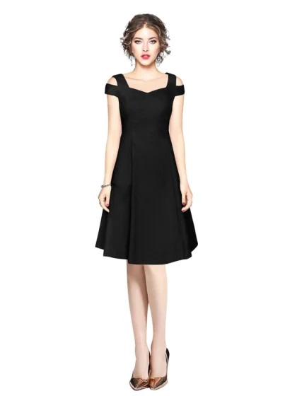Women's Polyester Solid V Neck Cap Sleeve off Shoulder Dress (Black)
