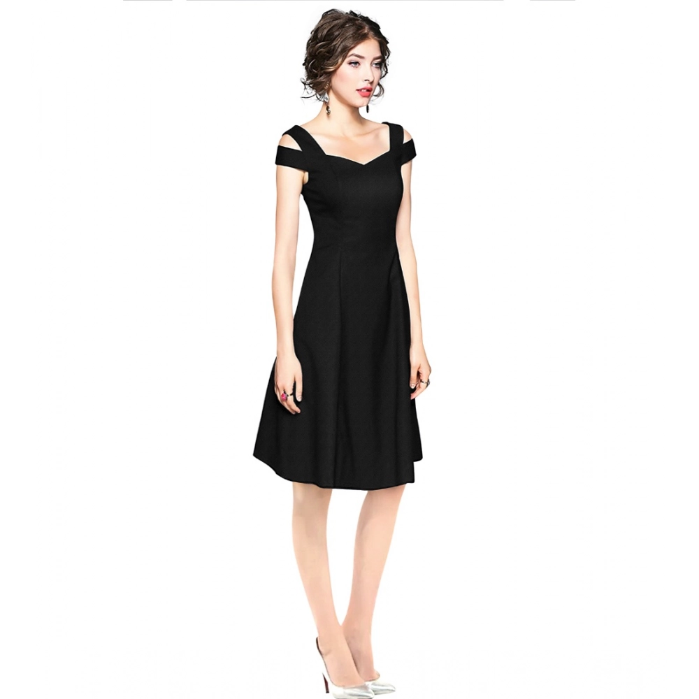 Women's Polyester Solid V Neck Cap Sleeve off Shoulder Dress (Black) - Image 3