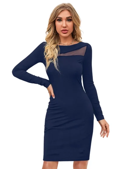 Women's Knitting stretchable Solid Round Neck Full Sleeve Dress (Blue )