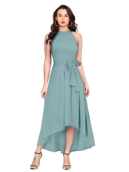 Women's Polyester Solid Halter Neck Sleeveless Dress (Pista)