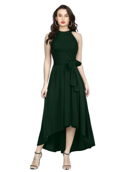 Women's Polyster Solid Halter Neck Sleeveless Dress (Green)