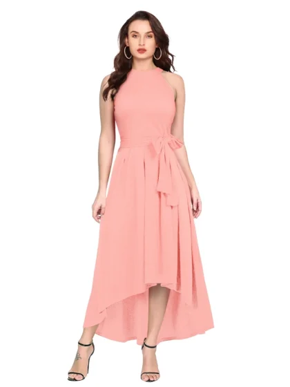Women's Polyster Solid Halter Neck Sleeveless Dress (Peach)