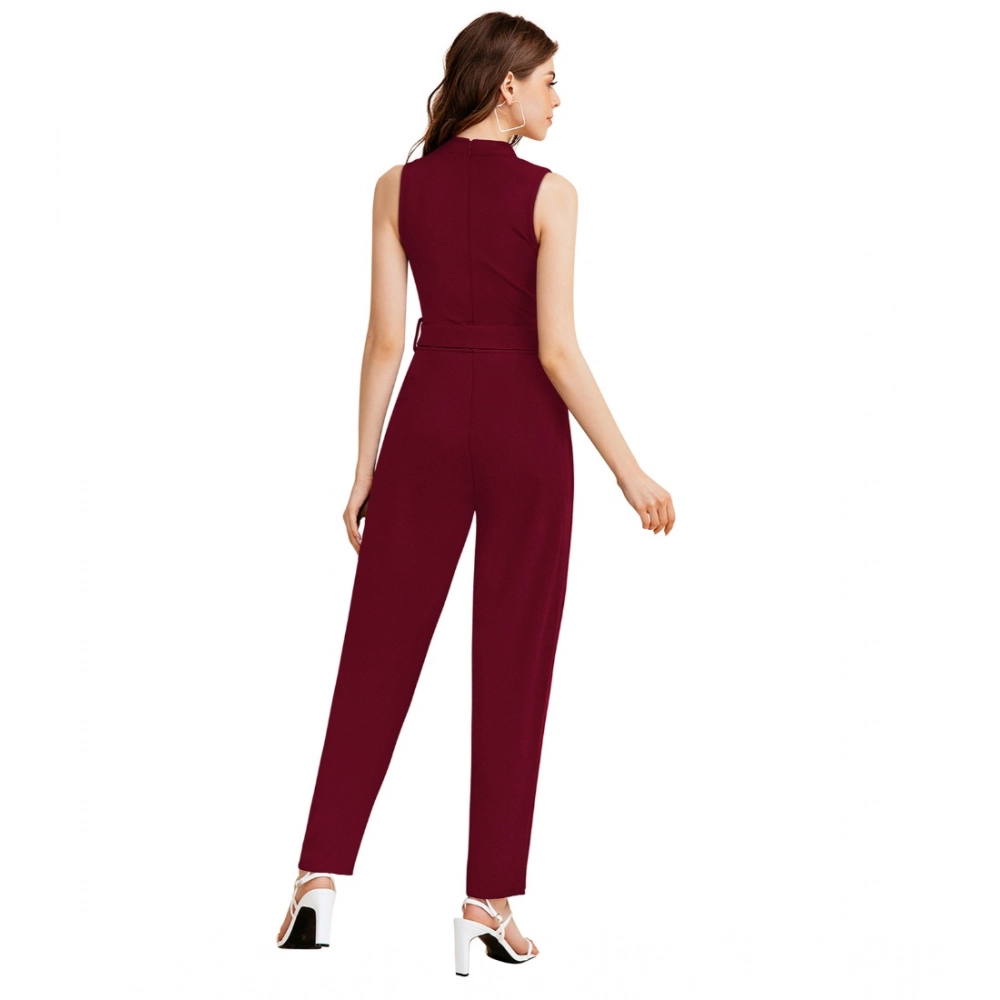 Women's Knitting stretchable Solid Round Neck Sleeveless Jumpsuit (Maroon) - Image 2